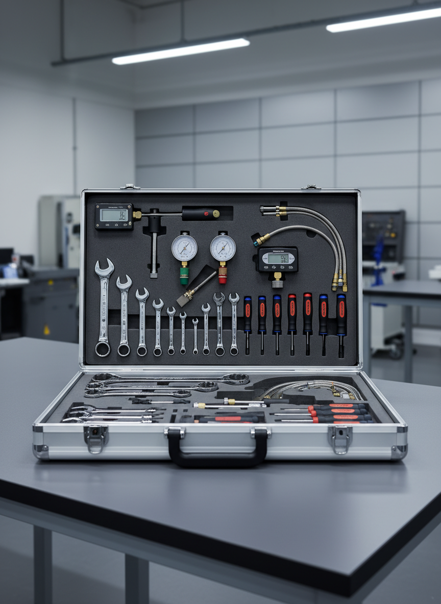 A meticulously organized set of industrial-grade tools—including polished steel wrenches, measuring gauges, and torque screwdrivers—arranged in immaculate foam-cut trays inside a stainless steel technician’s case. The case rests on a streamlined worktable with a matte finish, set against a background of neutral gray wall panels and subtle machinery outlines. Cool, diffused overhead workshop lighting gently highlights the brushed metal surfaces and creates soft, crisp shadows, emphasizing a mood of order and reliability. The camera is positioned at an eye-level angle, employing a centered, balanced composition with sharp focus throughout for a clean, corporate presentation in photographic realism.