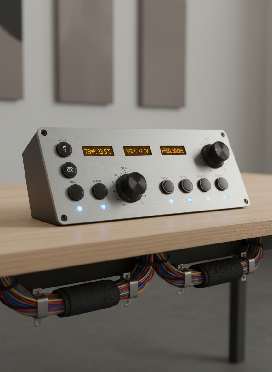 A close-up of a compact control panel crafted from matte aluminum, featuring tactile buttons, rotary dials, and digital readouts with softly glowing LED indicators. The panel is recessed within a minimalist workstation, surrounded by neatly routed insulated wiring and smooth cable looms fixed to the table’s undersurface. Soft, even studio lighting washes over the scene, enhancing the tactile quality while minimizing glare and shadows. The camera is positioned at a low angle, foregrounding the panel for a sense of depth, with a crisp, uncluttered background. The composition and mood evoke precision and calm, aligning with a corporate, photographic style.