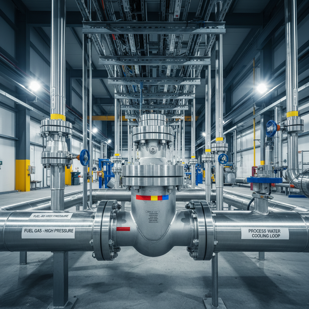 A detailed photographic view of a gleaming, well-maintained petrochemical plant valve assembly crafted from high-grade brushed stainless steel, featuring precision-welded joints and colored indicator bands. The assembly is mounted on a tidy, industrial piping system with clear labeling, positioned beneath suspended cable trays in a neatly organized plant environment. Cool white industrial lighting from above and side direction accentuates the metal’s subtle sheen while casting gentle, structured shadows. The overall mood is professional and trustworthy, with a slightly elevated camera angle and a balanced composition placing the valve at the center. The scene projects technical expertise and modern business aesthetics.